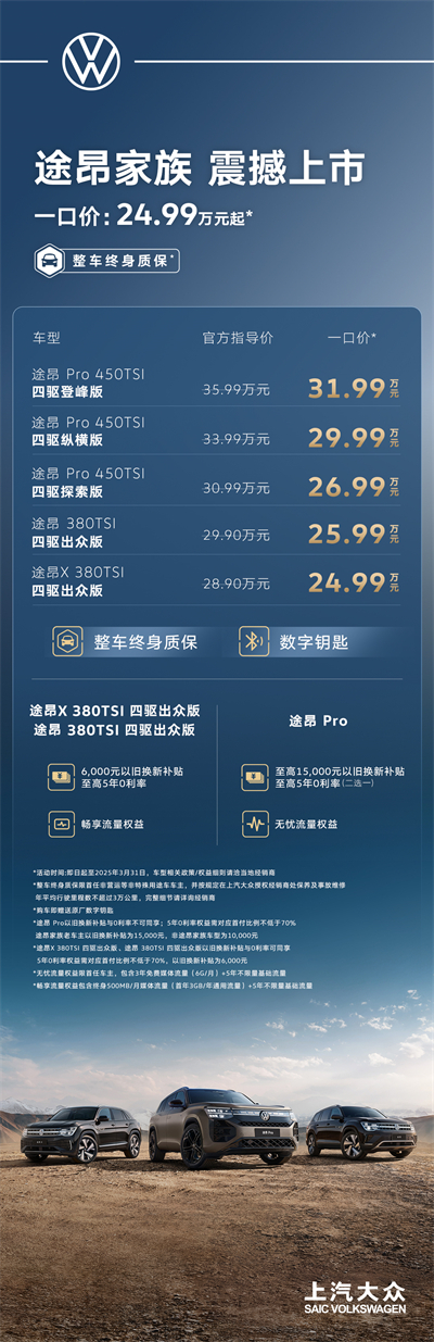 途昂 Pro 一口價(jià)26.99萬(wàn)元起！搭載第五代EA888發(fā)動(dòng)機(jī)，開啟全境旅程